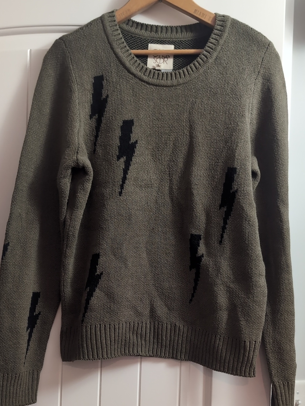 Chaser Olive Green Crewneck Sweater with Black Lightning Bolts